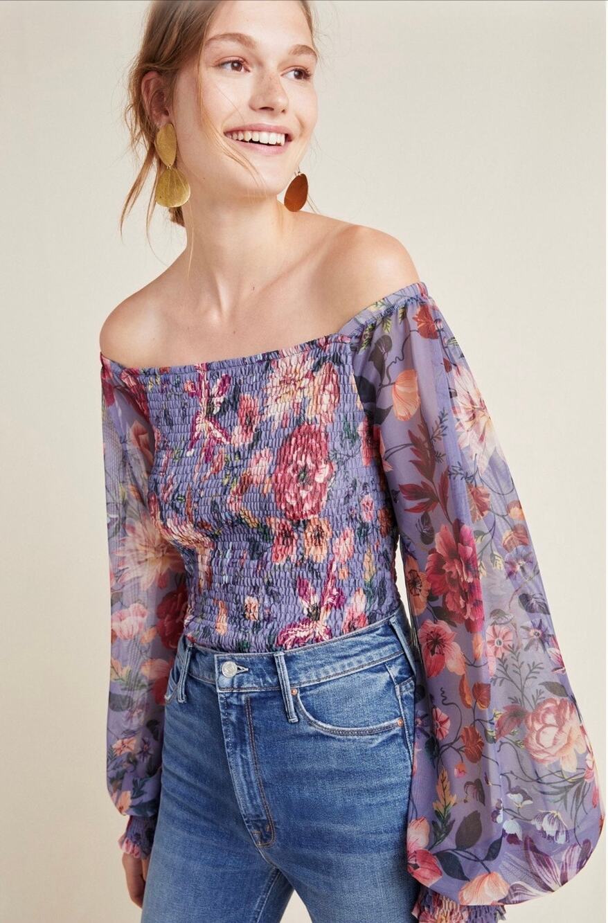 Anthropologie Blouse Rouen Blue Floral Sheer Puff Sleeve Smocked Body
